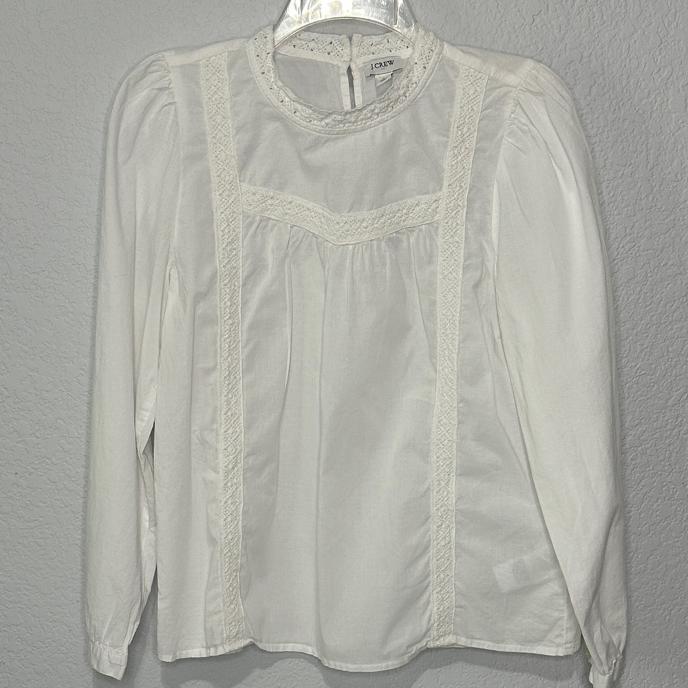 J. Crew Women's White Lace Accent Long Sleeve Blouse Large